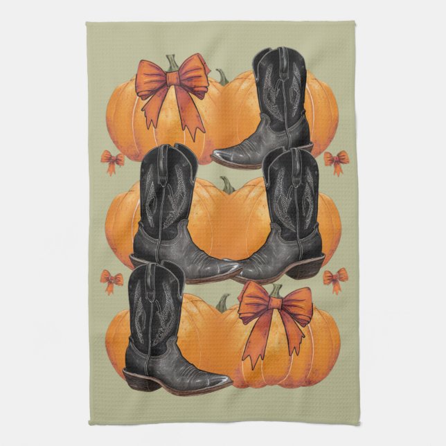 Howdy Pumpkin Western Fall Coquette Bow Cowgirl Tea Towel (Vertical)
