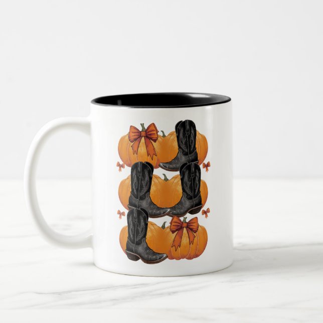 Howdy Pumpkin Western Fall Coquette Bow Cowgirl Two-Tone Coffee Mug (Left)