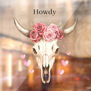 Howdy Skull Pink Roses Hearts Window Cling
