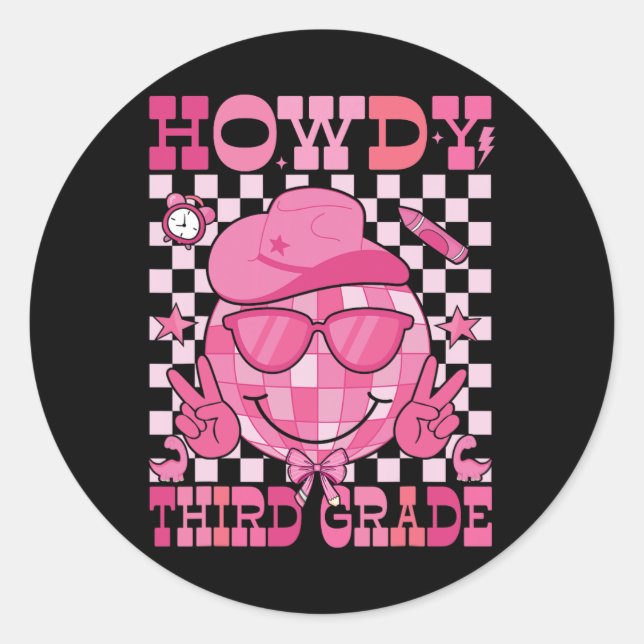 Howdy Third Grade Teacher Western Girl Women Back  Classic Round Sticker (Front)