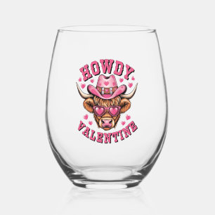 Howdy Valentine Cow Valentines Da&y Coquette Love Stemless Wine Glass