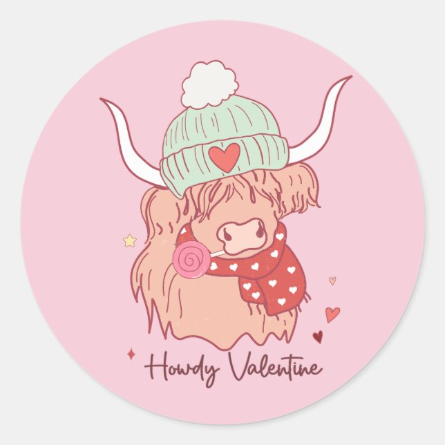Howdy Valentine, Valentines' Day Highland Cow Classic Round Sticker (Front)