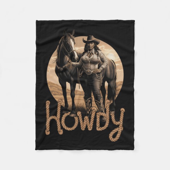Howdy Western Black Cowgirl African American Woman Fleece Blanket (Front)