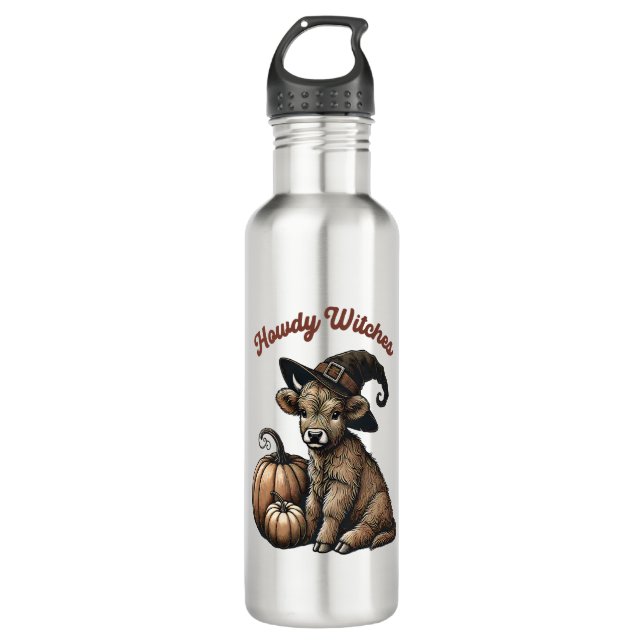 Howdy Witches Halloween Highland Cow 710 Ml Water Bottle (Front)