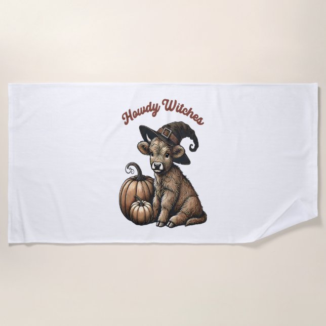 Howdy Witches Halloween Highland Cow Beach Towel (Front)