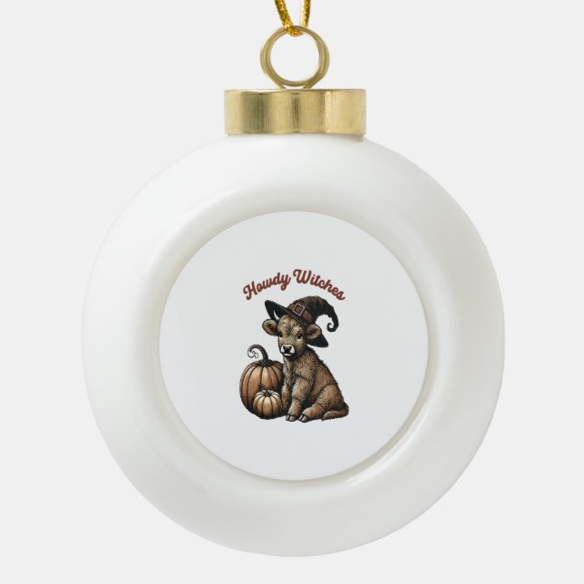Howdy Witches Halloween Highland Cow Ceramic Ball Christmas Ornament (Front)