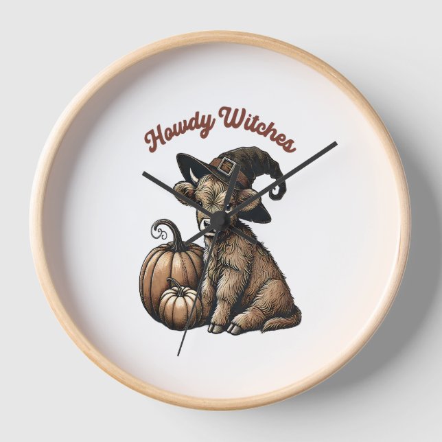 Howdy Witches Halloween Highland Cow Clock (Front)