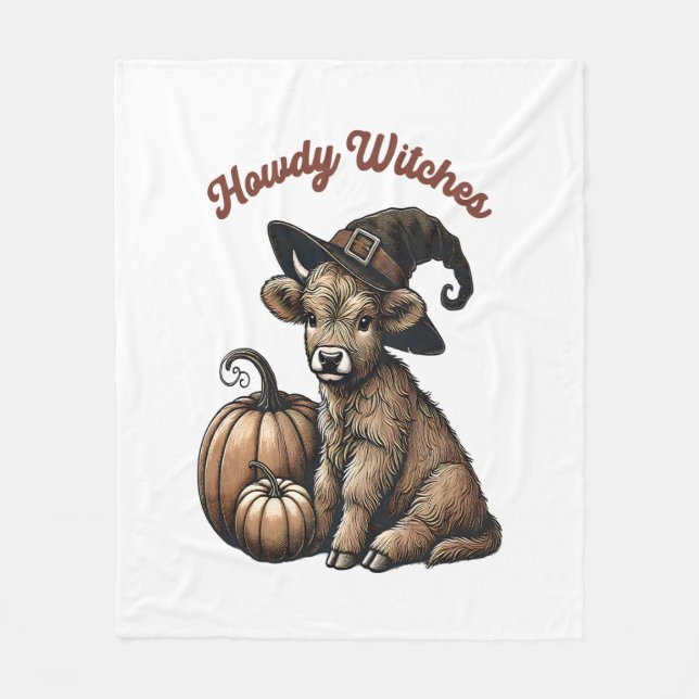 Howdy Witches Halloween Highland Cow Fleece Blanket (Front)
