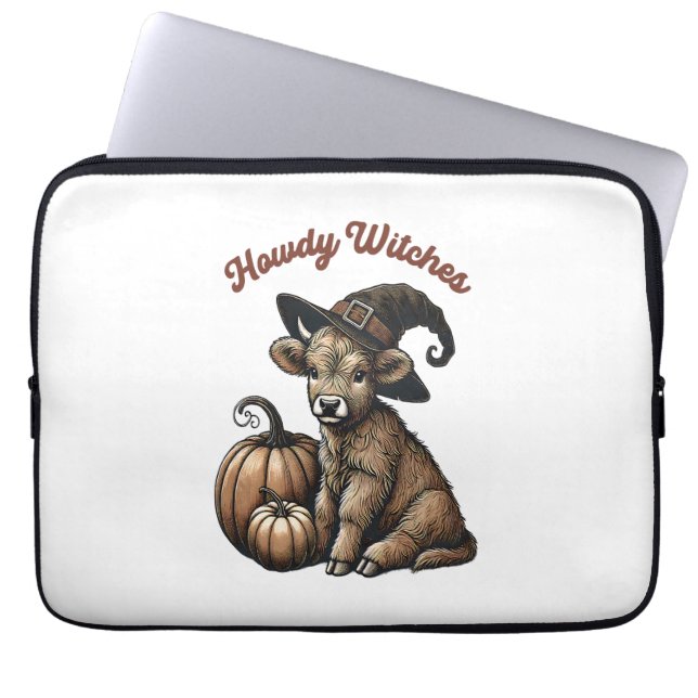 Howdy Witches Halloween Highland Cow Laptop Sleeve (Front)