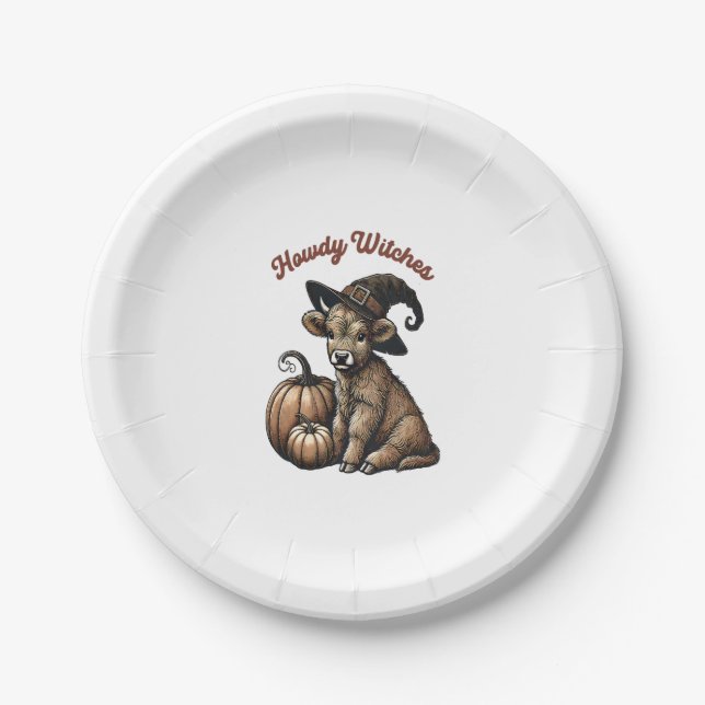 Howdy Witches Halloween Highland Cow Paper Plate (Front)