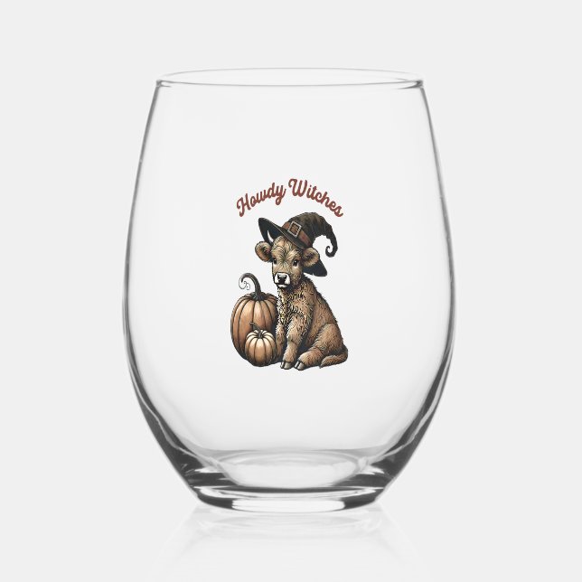 Howdy Witches Halloween Highland Cow Stemless Wine Glass (Front)
