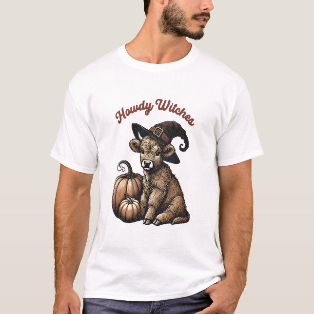 Howdy Witches Halloween Highland Cow T-Shirt (Front)