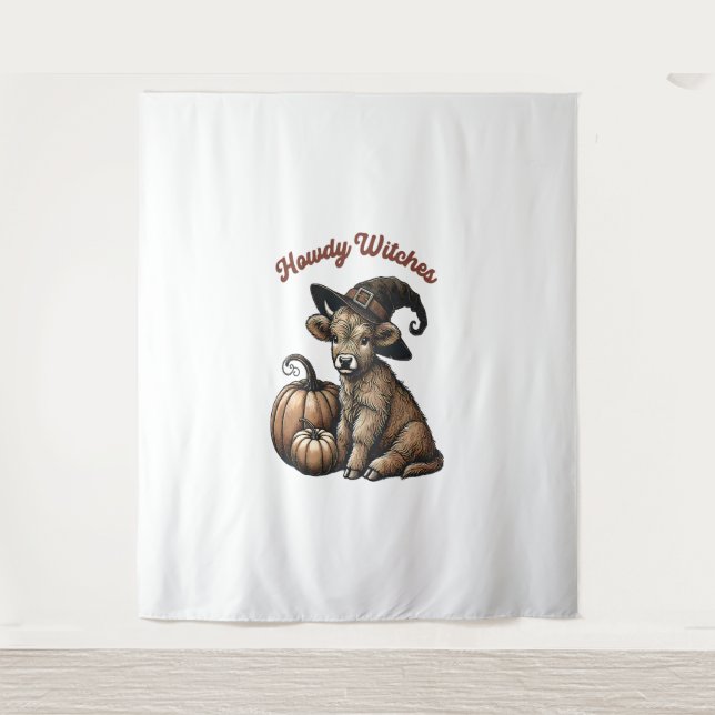 Howdy Witches Halloween Highland Cow Tapestry (Front)