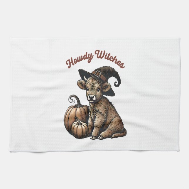 Howdy Witches Halloween Highland Cow Tea Towel (Horizontal)