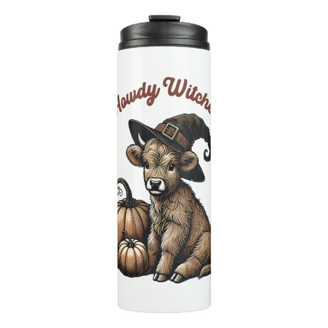 Howdy Witches Halloween Highland Cow Thermal Tumbler (Front)