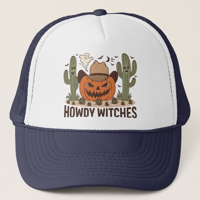 Howdy Witches Halloween Western Design Trucker Hat (Front)