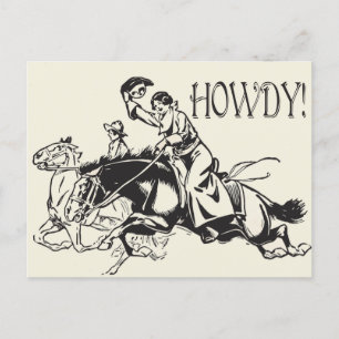 Howdy with Vintage Drawing of Cowgirls on Horses Postcard