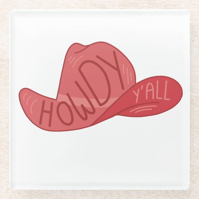 Howdy Y'all Cowboy/Cowgirl Hat Pink Artwork Glass Coaster (Front)