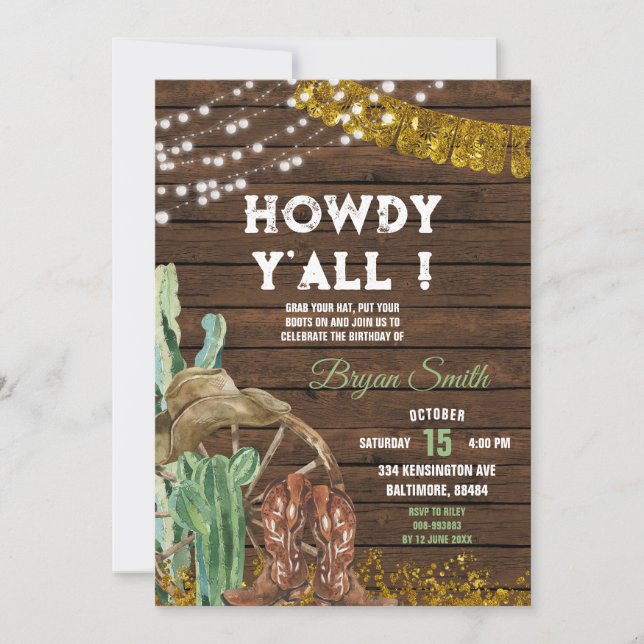 Howdy Y'All Southwestern Cactus Boots Birthday Invitation (Front)