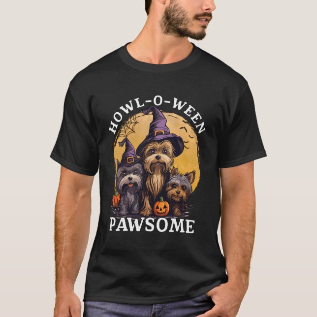 Howl O Ween Pawsome Yorkshire Terrier Witch Hat Pu T-Shirt (Front)