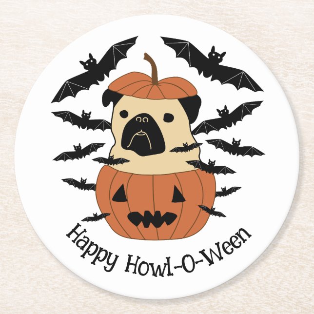 Howl-O-Ween Pug in a Jack-O-Lantern with Bats Round Paper Coaster (Front)