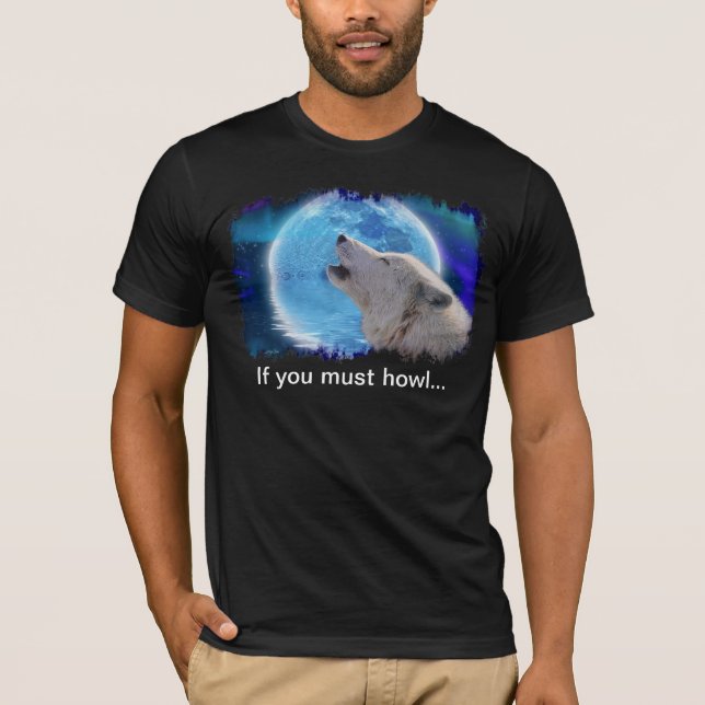 Howling Arctic Wolf & Aurora Funny Art T-Shirt (Front)