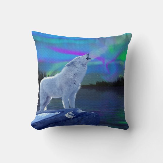 Howling Arctic Wolf & Aurora Wildlife Throw Pillow (Front)