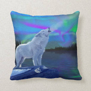 Howling Arctic Wolf & Aurora Wildlife Throw Pillow