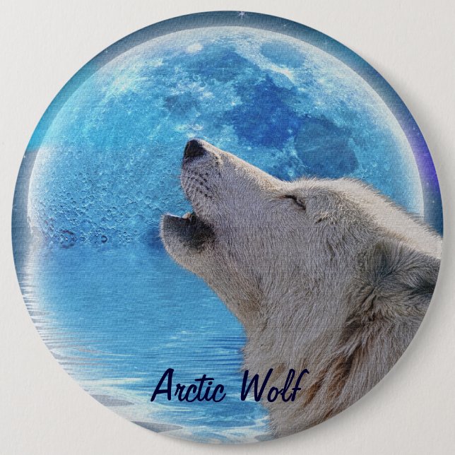 Howling Arctic Wolf & Moon Wildlife Button (Front)
