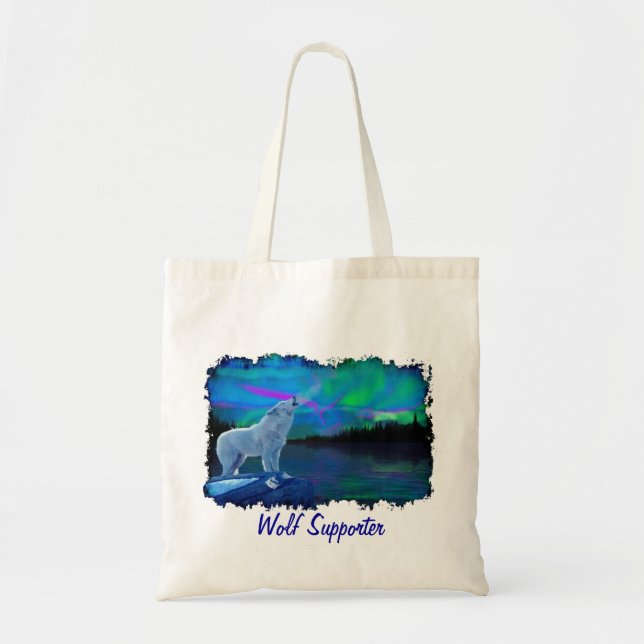 Howling Arctic Wolf & Northern Lights Tote Bag (Front)