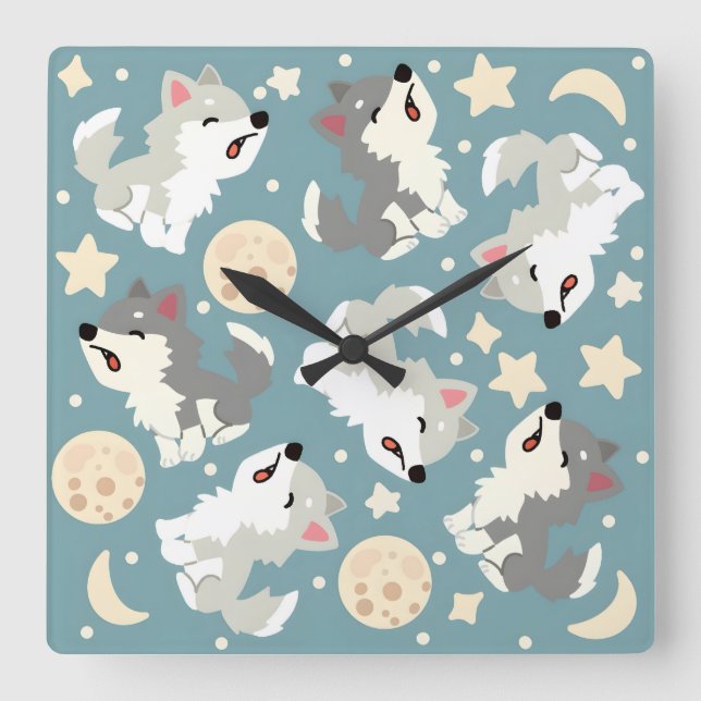 howling baby wolf square wall clock (Front)