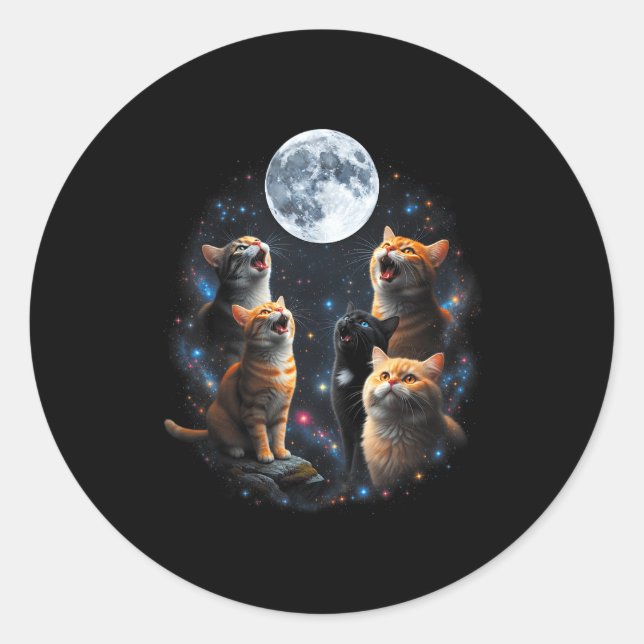 Howling Cats Full Moon Starry Sky Galaxy Cosmic An Classic Round Sticker (Front)
