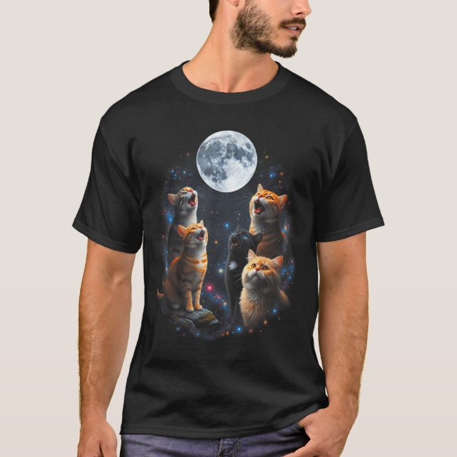 Howling Cats Full Moon Starry Sky Galaxy Cosmic An T-Shirt (Front)
