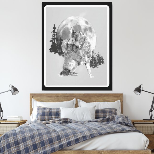 Howling Coyotes Animal Watercolor Wildlife Art Canvas Print (Insitu(Bedroom))