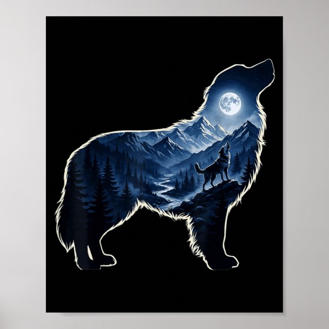 Howling dog moonlit mountain forest silhouette art poster (Front)