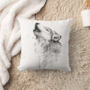 Howling Gray Wolf in Watercolor Painting Style Cushion