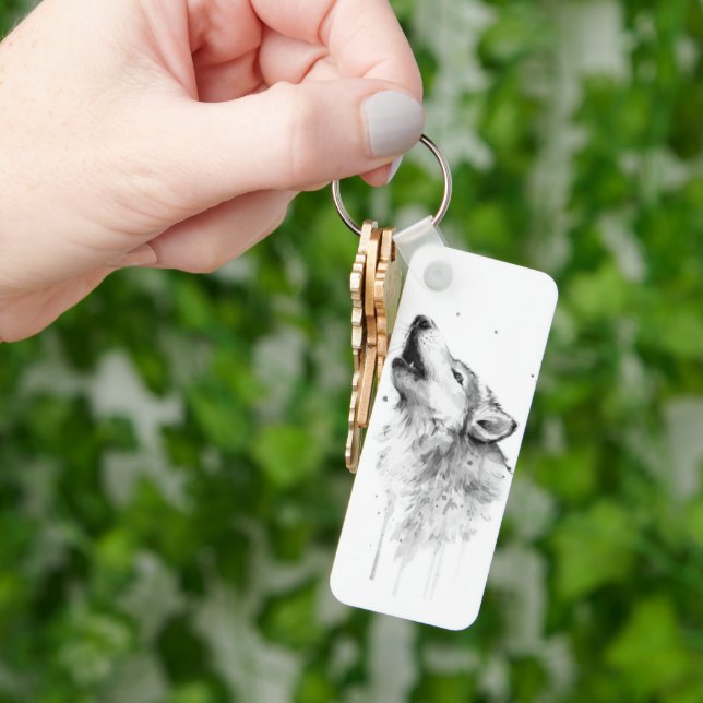 Howling Gray Wolf in Watercolor Painting Style Key Ring (Hand)