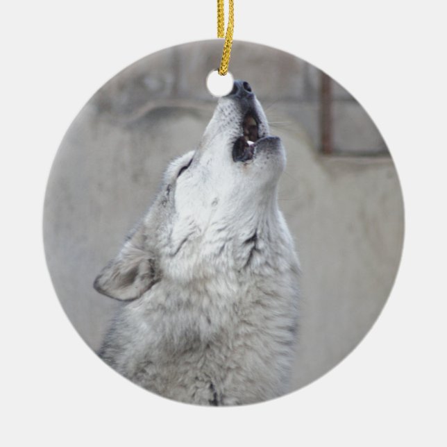 Howling Grey Wolf Ceramic Tree Decoration (Front)