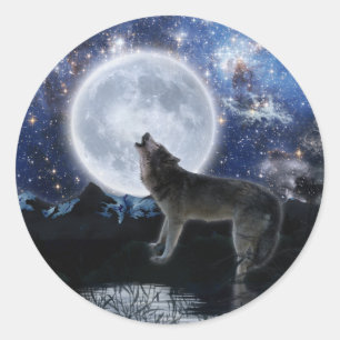 Howling Grey Wolf & Moon Classic Round Sticker
