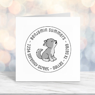 Howling Grey Wolf Pup Round Address Self-inking Stamp