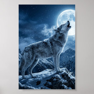 Howling Grey Wolf Snow Mountain Matte Poster