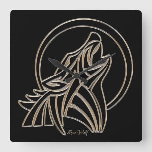 Howling Lone Wolf Elegant Black Silver Gray Square Wall Clock