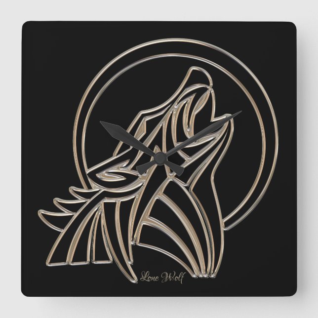 Howling Lone Wolf Elegant Black Silver Gray Square Wall Clock (Front)