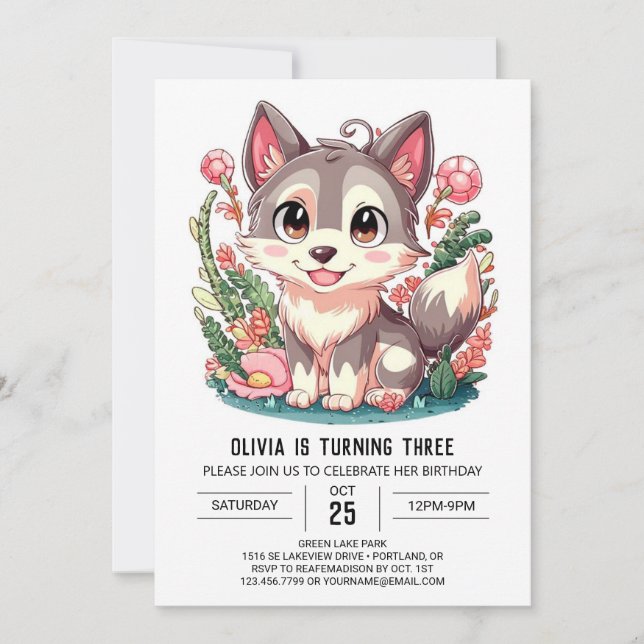 Howling Pastel Digital Wolf Birthday Invitation (Front)