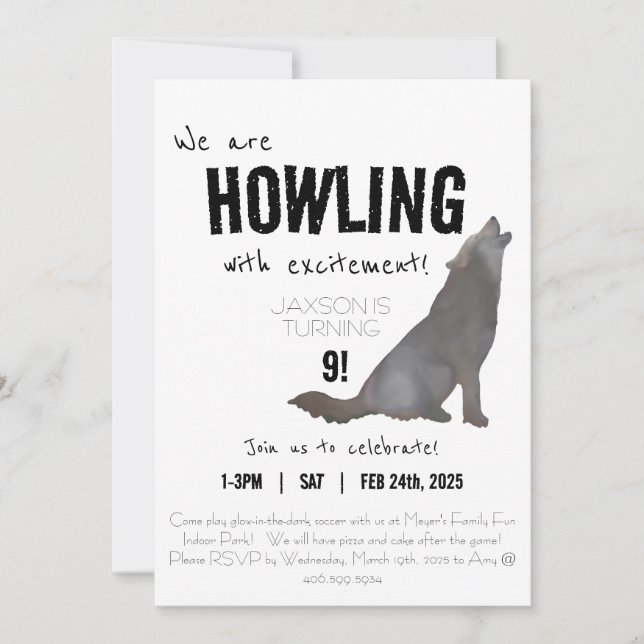 Howling watercolor wolf birthday invitation 5x7 (Front)