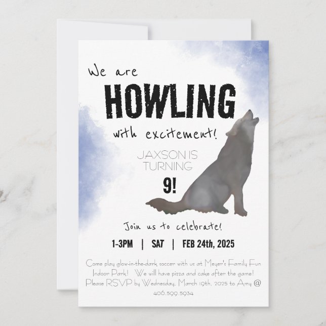 Howling watercolor wolf birthday invitation 5x7 (Front)