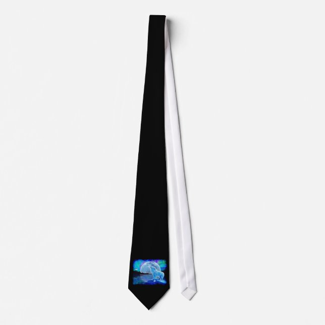 Howling White Wolf & Moon Fantasy Art Tie (Front)