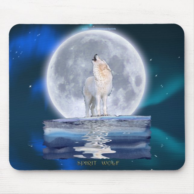 Howling White Wolf & Moon Wildlife Fantasy Mouse Mat (Front)