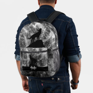 Howling Wolf abstract Black and White Monogram Printed Backpack