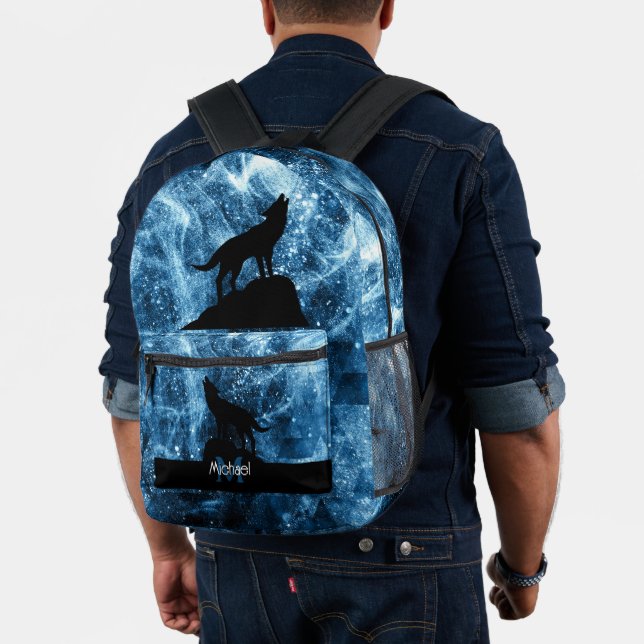 Howling Wolf abstract blue black Monogram Printed Backpack (Insitu (Model))